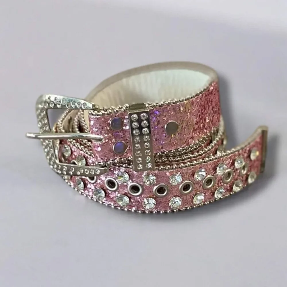 Y2K Rhinestone Bling Western Belt, Hot Pink Glitter, McBling Cowgirl